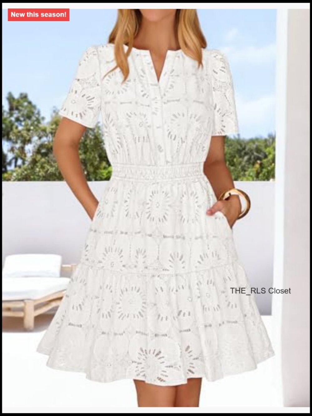 Women's Eyelet Lace Mini Dress V-Neck Puff Sleeve A-Line Short Summer Sundress - Picture 2 of 7